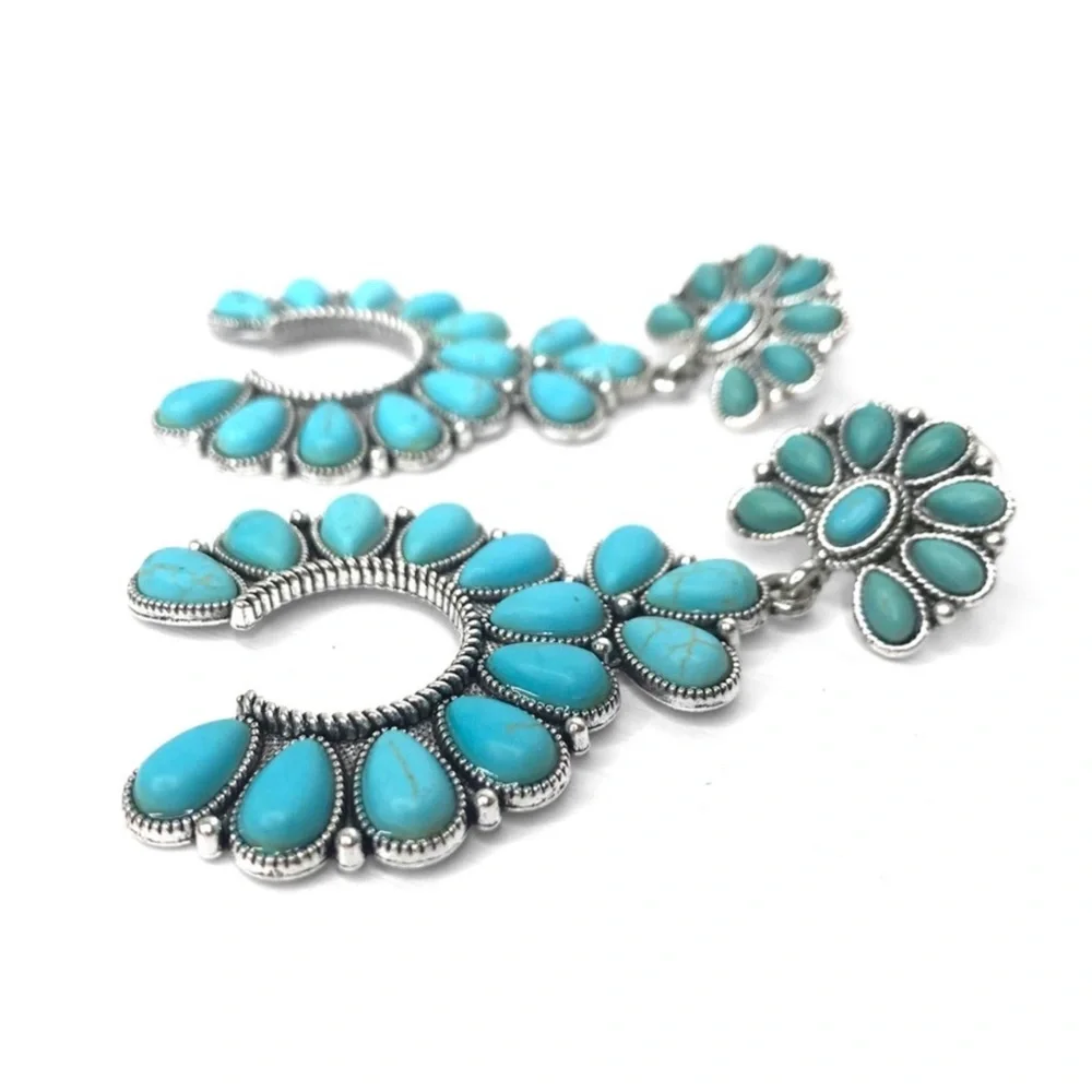 1 LEFT! Multi Turquoise Stone Horseshoe Western Stunning Drop Earrings - Picture 2 of 3